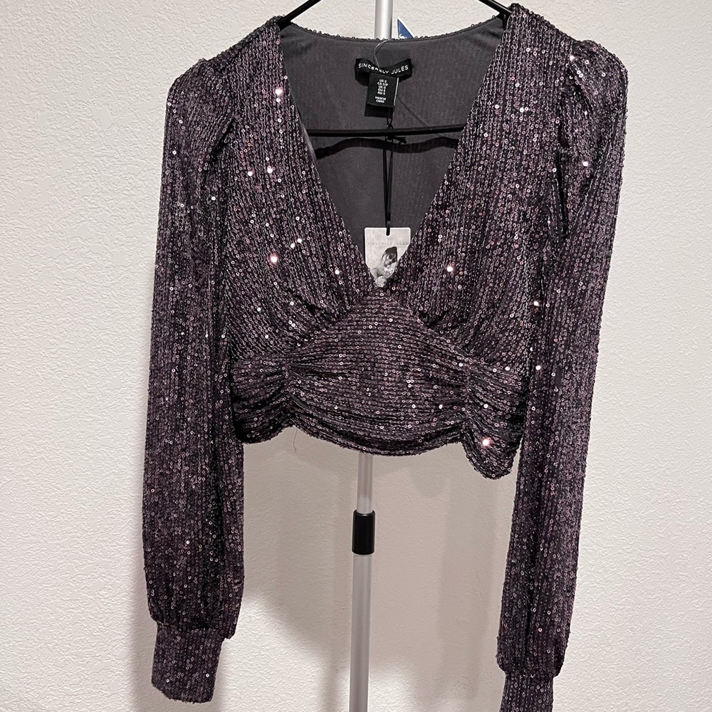 Sincerely Jules Charcoal Sequin Long Sleeve Top New With Tags